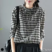 【ACheter】韓版木耳領系帶棉麻文藝格子襯衫上衣#111757- XL 格子