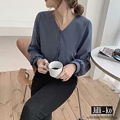 【Jilli~ko】韓版V領抓皺燈籠袖襯衫 M-L J8708　 L 藍色