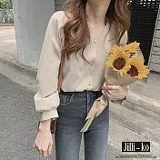 【Jilli~ko】韓版V領抓皺燈籠袖襯衫 M-L J8708　 L 杏色