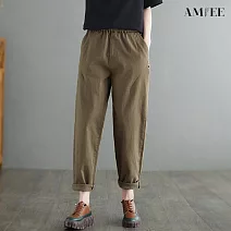 【AMIEE】簡約高腰寬鬆直筒長褲(KDP-6228) L 卡其色