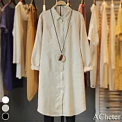 【ACheter】文藝休閒簡約氣質寬鬆大碼中長款棉麻襯衫#111609- L 杏