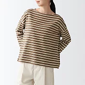 [MUJI無印良品]女有機棉粗織天竺船領七分袖T恤 XS-S 摩卡棕橫紋