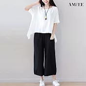 【AMIEE】休閒舒適兩件套裝(上衣+寬褲)(KDA-1831) M 白衣黑褲