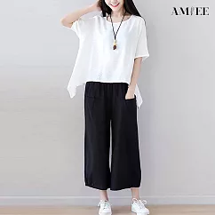 【AMIEE】休閒舒適兩件套裝(上衣+寬褲)(KDA─1831) M 白衣黑褲