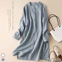 【ACheter】春季新款素雅立領挽袖棉麻襯衫外罩#111795- M 藍