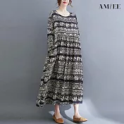 【AMIEE】復古減齡時尚印花洋裝(KDD-6163) M 圖騰印花