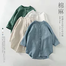 【慢。生活】苧麻棉襯衫立領七分袖襯衫寬鬆大碼防曬衫 M-L 8220 L 淺牛藍