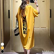 【MsMore】夏季韓國妙齡女寬鬆美背棉T洋裝#111964- L 黃