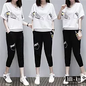 【Jilli~ko】兩件套韓版減齡跑步運動服短袖七分褲套裝 J8707　 FREE 白色