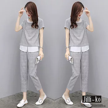 【Jilli~ko】新款兩件套寬鬆顯瘦時尚格紋套裝 L-XL J8721　 L 灰色