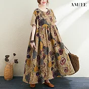【AMIEE】復古文藝顯瘦棉麻印花洋裝 F 卡其-9083