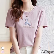 【ACheter】小鹿圓領短袖棉T恤上衣#112041- M 粉紫