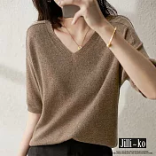 【Jilli~ko】寬鬆慵懶風上衣V領薄款大碼打底半袖毛衣針織衫 J8731　 FREE 咖色