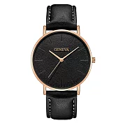 Geneva 日內瓦-漢米爾金屬圓框簡約時標三針手錶 _玫金殼黑面黑帶