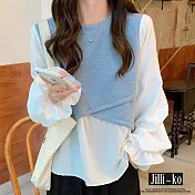 【Jilli~ko】設計感長袖襯衫撞色假兩件襯衫氣質上衣圓領衛衣 J8757  FREE 藍色