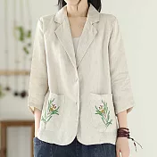【ACheter】春夏棉麻刺繡寬鬆七分袖短款外套#112117- M 米白