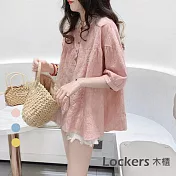【Lockers 木櫃】韓國夏季娃娃領蕾絲短袖上衣 L111032102 M 粉紅色