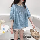 【Lockers 木櫃】韓國夏季娃娃領蕾絲短袖上衣 L111032102 M 藍色