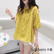 【Lockers 木櫃】韓國夏季娃娃領蕾絲短袖上衣 L111032102 M 黃色
