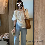 【Lockers 木櫃】夏季新款休閒方領寬鬆上衣 L111032104 L 白色