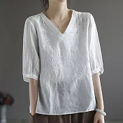 【ACheter】日本宮廷復古文藝棉麻刺繡上衣#112153- XL 白