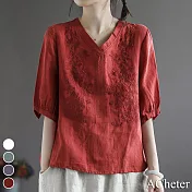 【ACheter】日本宮廷復古文藝棉麻刺繡上衣#112153- L 紅