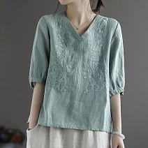 【ACheter】日本宮廷復古文藝棉麻刺繡上衣#112153- M 綠