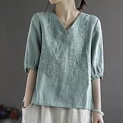 【ACheter】日本宮廷復古文藝棉麻刺繡上衣#112153- XL 綠