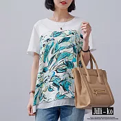 【Jilli~ko】春夏時尚印花拼接雙層造型寬鬆棉質T恤 37765　 FREE 綠色
