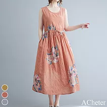 【ACheter】花開富貴大碼收腰棉麻背心洋裝#112209- M 橘