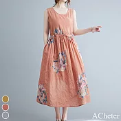 【ACheter】花開富貴大碼收腰棉麻背心洋裝#112209- XL 橘