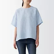 【MUJI 無印良品】女法國亞麻水洗短袖套衫 XL 煙燻藍直紋