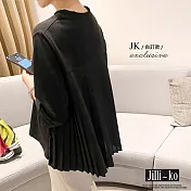 【Jilli~ko】自訂款時尚純色氣質後壓褶拼接七分袖寬鬆上衣 8206　 FREE 黑色