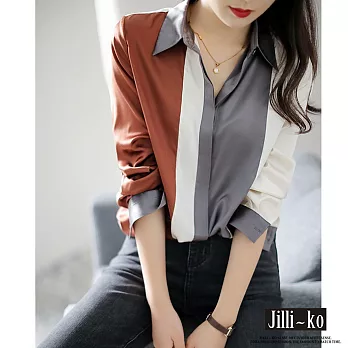 【Jilli~ko】大方知性OL風輕奢緞面條紋撞色質感彈力長袖襯衫 M-L E0002 M 灰色