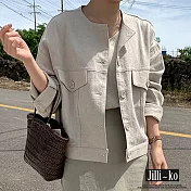 【Jilli~ko】韓版工裝大口袋圓領寬鬆夾克休閒棉麻空調外套 L-XL E0015 XL 卡其色