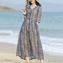 【ACheter】海風飄逸條紋氣質棉麻感洋裝#112148- M 藍