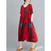 【慢。生活】文藝大碼寬鬆休閒不規則格子棉麻短袖連衣裙 0072　 FREE 紅色