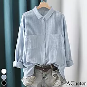 【ACheter】韓版通勤方領風琴褶設計襯衫 文藝范寬鬆百搭112272- M 藍