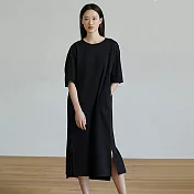 旅途原品 匹馬棉黑色設計感T恤連衣裙 M/L-XL  M 黑色