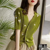 【Jilli~ko】春夏季撞色刺繡短袖薄款針織衫 J8875　 FREE 綠色