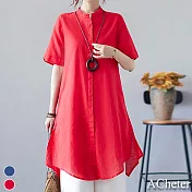 【ACheter】 日系春遊棉麻襯衫女大碼長版上衣# 112260 M 紅色
