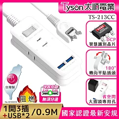 Tyson太順電業 213CC 2孔1切3座+雙USB充電延長線(轉向平貼插座)─0.9M