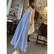 【慢。生活】夏季寬鬆韓國時尚條紋無袖連衣裙 5507　 FREE 藍色