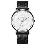 Geneva 日內瓦-邁爾斯當代商務日曆米蘭帶手錶 _黑殼白面黑帶