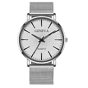 Geneva 日內瓦-莫里斯網紋簡約刻度米蘭帶手錶 _銀殼白面銀帶