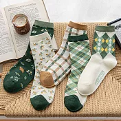 【EZlife】日系學院文青風休閒襪(5雙組) 綠色文青