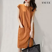 【AMIEE】清涼甜美舒適顯瘦洋裝(KDD-6545) L 土黃色