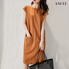 【AMIEE】清涼甜美舒適顯瘦洋裝(KDD─6545) L 土黃色