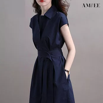 【AMIEE】氣質OL風立體剪裁襯衫洋裝(KDD-6454) 3XL 藏青色