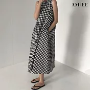 【AMIEE】休閒棉麻滿版格子洋裝(KDD-4927) M 黑色